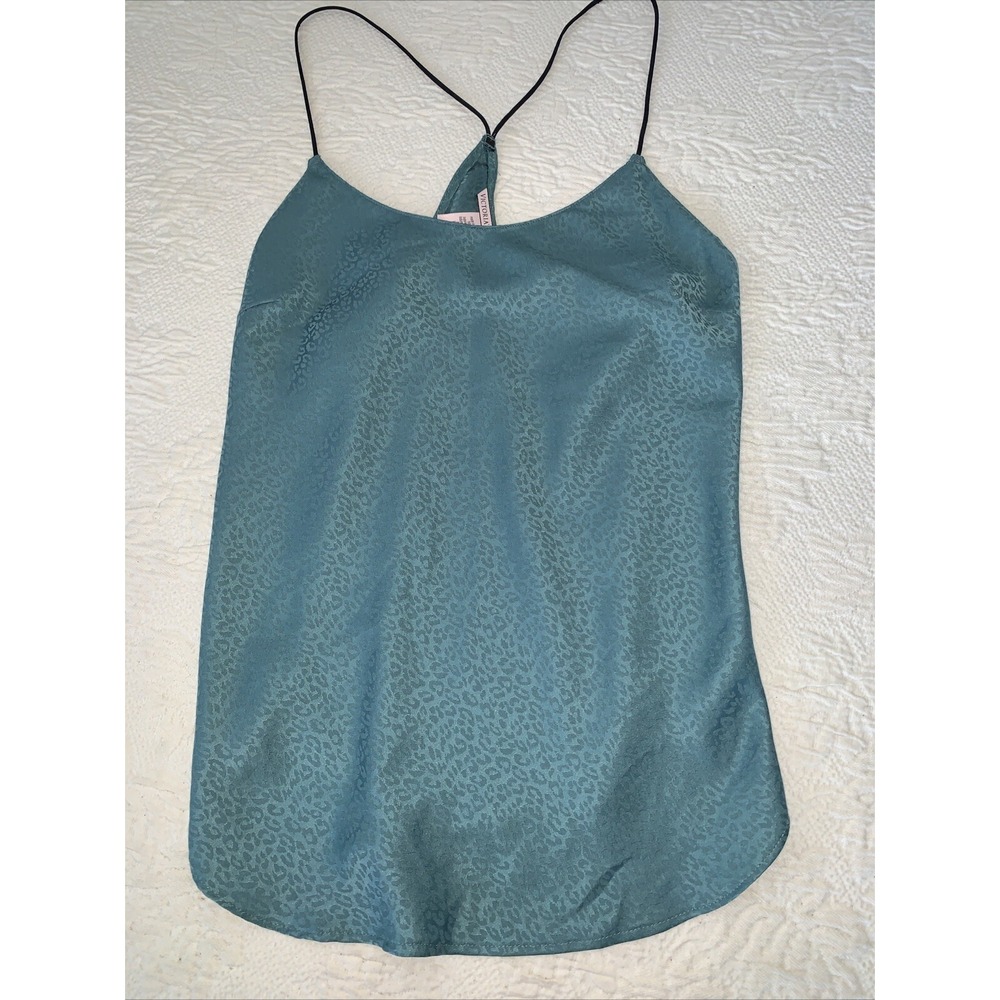 Victoria's Secret Green Animal Print Lace Trim Cropped Camisole Strap Blouse Med